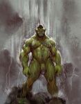 balls biceps big_penis crona_(artist) flaccid genitals glans green_arms green_balls green_body green_chest green_fingers green_hands green_head green_legs green_nipples green_penis green_skin hair hi_res humanoid male male_humanoid muscular muscular_humanoid muscular_male navel nipples not_furry nude orc pecs penis raining red_eyes solo standing thick_penis tusks
