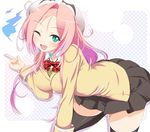  beret black_legwear blazer dansa dra+koi fang green_eyes hat heroine_(dra+koi) jacket one_eye_closed pink_hair school_uniform skirt slit_pupils solo thighhighs zettai_ryouiki 