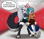 absurd_res anthro bottomwear bullying canid canid_demon canine clothing demon dialogue duo embarrassed female female/female footwear generation_5_pokemon hellhound helluva_boss hi_res leggings legwear locker loona_(helluva_boss) loverk90 mammal mythological_canine mythological_creature mythology nerd nintendo oshawott panties pokemon pokemon_(species) school school_hallway shoes skirt sneakers sweater teddy_bear_panties topwear underwear wedgie