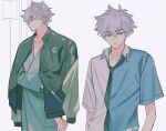  1boy blue_eyes collarbone collared_shirt highres hospital_gown jacket jacket_on_shoulders lu_guang male_focus multiple_views necktie shiguang_dailiren shirt short_hair short_sleeves simple_background white_hair zariganihouse 