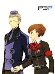  1girl armband bad_id bad_pixiv_id bow couple digital_media_player female_protagonist_(persona_3) gloves grey_hair hair_ornament hat headphones hetero hitoha persona persona_3 persona_3_portable red_eyes red_hair school_uniform teodor yellow_eyes 