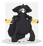 2023 absurd_res after_transformation ambiguous_gender anthro arms_bent big_diaper big_tail black_body blush blush_lines canid canine changed_(video_game) chest_tuft clothed clothing diaper dripping ears_down fluffy fluffy_hair fluffy_tail goo_creature hair hi_res inside laboratory latex liquid_latex mammal orange_eyes permanent permanent_transformation pivoted_ears rapoof rapoof_(character) solo standing tail tuft twitter_handle wearing_diaper