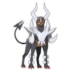  animal_focus artist_request check_artist claws closed_mouth demon_tail fangs forked_tail full_body horns houndoom mega_houndoom mega_pokemon no_humans official_art pokemon pokemon_xy red_eyes solo sugimori_ken tail third-party_source transparent_background v-shaped_eyes 