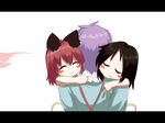  animal_ears black_hair blush_stickers cat_ears drooling happy kaenbyou_rin komeiji_satori letterboxed madara_hato multiple_girls purple_hair red_eyes reiuji_utsuho short_hair touhou 