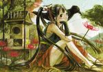  bad_id bad_pixiv_id bird black_hair crow flower long_hair original ponytail sandals sarashi sitting solo sword weapon yuhka 