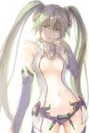  bangs bare_shoulders breasts center_opening detached_sleeves green_eyes green_hair hatsune_miku hatsune_miku_(append) large_breasts long_hair navel necktie oekaki parted_lips pooj solo twintails very_long_hair vocaloid vocaloid_append 