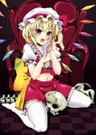  blonde_hair blood flandre_scarlet hat midriff navel pointy_ears ponytail red_eyes satou_samu severed_hand short_hair side_ponytail skeleton skull solo spine tears thighhighs touhou wings 