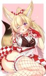  1girl ;d absurdres animal_ear_fluff animal_ears apron arm_support asymmetrical_legwear blonde_hair blue_choker bow checkered_bow checkered_clothes checkered_skirt checkered_thighhighs choker commentary_request contrapposto ebiko_yaki fang fang_out fishnet_thighhighs fishnets fox_ears fox_girl fox_tail frilled_overskirt frilled_sleeves frilled_thighhighs frills gloves hair_bow heart heart-shaped_pupils high_ponytail highres hololive layered_skirt long_hair miniskirt mismatched_legwear multicolored_hair name_tag official_alternate_costume official_alternate_hair_length official_alternate_hairstyle omaru_polka omaru_polka_(6th_costume) one_eye_closed open_mouth overskirt pink_background pink_hair pleated_skirt ponytail puffy_short_sleeves puffy_sleeves purple_eyes red_garter_straps red_gloves red_overskirt red_shirt red_skirt red_thighhighs shirt short_sleeves single_fishnet_legwear sitting skindentation skirt smile solo streaked_hair symbol-shaped_pupils tail thick_thighs thigh_focus thighhighs thighs twitter_username two-tone_shirt v vertical-striped_sleeves very_long_hair virtual_youtuber waist_apron waitress white_apron white_shirt yokozuwari 