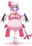  absurdres bat_wings blue_hair bow crossed_legs hand_on_own_chest hat highres large_bow orebalgum polearm red_eyes remilia_scarlet short_hair simple_background smile solo spear spear_the_gungnir standing touhou tsurime watson_cross weapon wings wrist_cuffs 