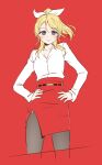  1girl aoa_(group) ayase_eli black_pantyhose blue_eyes blush breasts closed_mouth collarbone commentary_request cropped_legs hands_on_own_hips high_ponytail korean_commentary long_sleeves looking_at_viewer love_live! love_live!_school_idol_project medium_breasts miniskirt mixed-language_commentary open_collar pantyhose pas_(paxiti) pencil_skirt ponytail red_background red_skirt shirt side_slit simple_background skirt smile solo straight-on white_shirt 