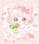  1girl :3 ahoge animal animal_ears birthday blonde_hair borrowed_character bow braid brown_eyes cat cat_ears cat_girl cat_tail chibi chibi_only chibikemo commentary_request dress fluffy furry furry_and_animal furry_female gradient_hair happy_birthday heart highres holding holding_animal holding_cat lolita_fashion love_ball multicolored_hair noclo326 original pink_bow pink_dress pink_hair pink_theme poke_ball pokemon pokemon_(creature) short_hair solo_focus sprigatito sweet_lolita tail tail_bow tail_ornament translation_request yume_kawaii 
