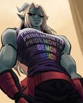 absurd_res angusburgers armwear black_armwear black_bottomwear black_clothing black_sclera bottomwear clothed clothing demon demon_humanoid eyebrows fully_clothed grey_arms grey_body grey_ears grey_horn grey_skin hair hi_res horn horned_humanoid humanoid lgbt_pride lgbt_pride_month not_furry pointy_ears pri(demon)th purple_clothing purple_topwear red_armwear red_clothing red_eyes topwear