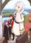  1boy 2girls absurdres arescr artist_logo artist_name belt black_robe blush boots briefcase brown_belt brown_boots capelet closed_mouth day dress earrings fern_(sousou_no_frieren) full_body gold_trim green_eyes grey_hair hair_over_shoulder highres holding holding_briefcase jacket jewelry logo long_hair long_sleeves looking_at_viewer multiple_girls open_clothes open_jacket outdoors parted_bangs pointy_ears purple_eyes purple_hair red_eyes red_hair red_jacket robe sidelocks sousou_no_frieren stark_(sousou_no_frieren) twintails very_long_hair white_capelet white_dress 