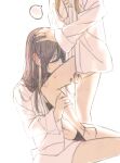  2girls aihara_mei aihara_yuzu bad_id bad_pixiv_id barefoot black_hair blonde_hair blush bottomless breasts citrus_(saburouta) collarbone couple dress_shirt ear_blush glidesloe highres kissing_leg kissing_thigh multiple_girls naked_shirt navel open_clothes open_shirt oversized_clothes oversized_shirt shirt thigh_worship yuri 