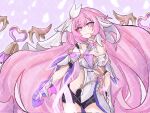  1girl absurdly_long_hair bell black_shorts breasts cleavage commentary_request corrupted_twitter_file corset diamond-shaped_pupils diamond_(shape) elf elysia_(herrscher_of_human:_ego)_(honkai_impact) elysia_(honkai_impact) gloves highres honkai_(series) honkai_impact_3rd long_hair pink_hair pointy_ears purple_background purple_eyes sang_yuchen short_shorts shorts simple_background smile solo symbol-shaped_pupils veil very_long_hair white_corset white_gloves white_veil 