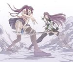  ass bakemonogatari battle blue_eyes busujima_saeko crossover drawfag duel epic highres highschool_of_the_dead katana legs long_hair monogatari_(series) multiple_girls non-web_source panties pantyshot purple_hair school_uniform senjougahara_hitagi serafuku skirt stapler sword thighhighs underwear weapon 