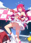  1girl :d absurdres ankle_boots aqua_eyes armpit_crease bangle blue_sky boots bracelet car commission crop_top cross-shaped_pupils demon_horns detached_sleeves detached_wings feca hair_between_eyes halo hand_on_own_hip heterochromia highres hololive hololive_english hololive_idol_uniform_(color_rise) horns irys_(hololive) jewelry light_blush long_hair motor_vehicle official_alternate_costume open_mouth outstretched_arm panties pink_eyes pink_hair pink_nails pink_shirt platform_boots pleated_skirt second-party_source shirt single_detached_sleeve single_sleeve skirt sky smile solo standing standing_on_one_leg symbol-shaped_pupils teeth thigh_strap underwear upper_teeth_only upskirt very_long_hair white_boots white_panties white_skirt wings 