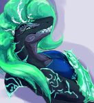 anthro big_breasts breasts brisa_ree&#039;se_(dragheti) clothed clothing dark_body dragheti female fish glowing grinning_at_viewer hair hi_res larger_female long_hair looking_at_viewer mackerel_shark marine markings megalodon muscular non-mammal_breasts prehistoric_species shark simple_background size_difference smile solo tail teeth