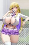  1girl against_fence areola_slip bead_bracelet beads between_breasts blonde_hair blurry blurry_background blush bracelet breasts candy chain-link_fence cleavage collarbone collared_shirt colored_inner_hair commission fence food gyaru highleg highleg_panties highres holding holding_candy holding_food holding_lollipop huge_breasts jewelry keenh leaning lollipop long_hair looking_at_viewer mole mole_under_mouth multicolored_hair navel necktie necktie_between_breasts open_clothes open_mouth open_shirt original panties partially_visible_vulva pointy_ears purple_eyes purple_hair purple_necktie purple_panties purple_skirt school_uniform shirt sidelocks signature skirt solo tied_shirt two-tone_hair underwear white_background 