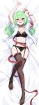  1girl absurdres arm_strap arms_up bed_sheet black_bra black_choker black_panties blue_eyes blush bra breasts brown_thighhighs choker cleavage dakimakura_(medium) dress_shirt g_godocbaek garter_belt green_hair hashtag-only_commentary highres lace-trimmed_bra lace-trimmed_panties lace_trim long_hair looking_at_viewer lying medium_breasts navel no_pants no_shoes nose_blush on_back open_clothes open_mouth open_shirt panties red_ribbon ribbon shirt short_sleeves solo stellive stomach sweatdrop thighhighs thighs underwear virtual_youtuber white_shirt yuzuha_riko 