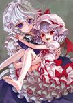  ama-tou barefoot bat_wings blue_eyes braid carrying faux_traditional_media feet frills gathers hat highres izayoi_sakuya lavender_hair looking_at_viewer maid maid_headdress multiple_girls open_mouth princess_carry red_eyes remilia_scarlet short_hair silver_hair smile soles toes touhou twin_braids wings 