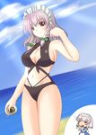  bad_id bad_pixiv_id beach bikini braid breasts chibi cleavage clock day imagining izayoi_sakuya kou512a large_breasts maid maid_headdress ocean pocket_watch red_eyes short_hair silver_hair swimsuit touhou twin_braids watch 