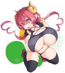  1girl :d areola_slip ben-day_dots black_panties black_shirt black_thighhighs breasts crop_top curled_horns deto dragon_horns fang hair_between_eyes hands_up highres horns huge_breasts ilulu_(maidragon) kobayashi-san_chi_no_maidragon long_hair micro_panties navel open_mouth oppai_loli panties pointy_ears puffy_sleeves red_eyes red_hair red_shoes revealing_clothes screentones shirt shoes short_sleeves signature skin_fang slit_pupils smile solo thighhighs underboob underwear white_background 