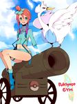  blue_eyes blue_footwear boots cannon cloud day feathers fuuro_(pokemon) gen_5_pokemon hair_ornament midriff navel pokemon pokemon_(creature) pokemon_(game) pokemon_bw red_hair sky swanna uso_(ameuzaki) 