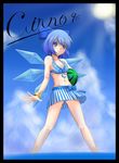  bad_id bad_pixiv_id bare_shoulders bikini blue_eyes blue_hair bow breasts character_name cirno cleavage food fruit hair_bow holding holding_food holding_fruit kou512a medium_breasts navel ocean short_hair solo swimsuit touhou wading water watermelon wings wristband 