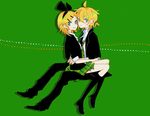  1girl aqua_eyes blonde_hair brother_and_sister green_background green_neckwear green_skirt hair_ornament hair_ribbon hairclip hako_(swimjelly) kagamine_len kagamine_rin necktie plaid plaid_neckwear plaid_skirt ribbon school_uniform short_hair siblings sitting skirt smile twins vocaloid 