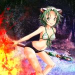  bad_id bad_pixiv_id bikini bikini_top front-tie_top green_eyes green_hair heripu hyourin_no_mahiro navel shinrabanshou short_hair short_shorts shorts solo staff striped striped_bikini striped_swimsuit swimsuit 