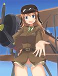  aircraft airplane biplane charlotte_e_yeager goggles goggles_on_head hand_on_hip long_hair lowleg lowleg_panties nishikawa_ari outstretched_arm panties reaching solo strike_witches swordfish_(airplane) underwear world_witches_series 