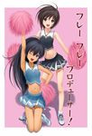  :d antenna_hair arm_up black_eyes black_hair blue_eyes cheerleader ganaha_hibiki hand_on_hip idolmaster idolmaster_(classic) idolmaster_2 kikuchi_makoto kneeling legs long_hair midriff multiple_girls navel nekopuchi one_eye_closed open_mouth pom_poms ponytail shadow shoes short_hair simple_background skirt smile sneakers standing translated very_long_hair 