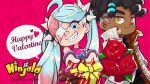  1boy 1girl ahoge aqua_eyes asymmetrical_hair black_hair black_sweater blue_pupils bouquet bow child chocolate clenched_teeth closed_mouth coat collared_sweater copyright_name copyright_notice cursive dreadlocks english_commentary english_text eyelashes eyepatch flower gift giving green_pants grey_sleeve_cuffs grin gumchi hair_tie halftone halftone_background happy_valentine head_tilt heart high_collar highres holding holding_bouquet holding_gift incoming_gift kinky_hair leaf logo long_hair long_sleeves looking_at_viewer lucy_(ninjala) medical_eyepatch ninjala nose official_alternate_costume official_art outline pants pink_background pink_hair pink_shirt polka_dot polka_dot_background popped_collar purple_outline red_flower red_rose rianti-wong ribbed_sweater ron_(ninjala) rose second-party_source sharp_teeth shirt short_hair sidecut single_fishnet_armwear single_sleeve smile speech_bubble spiked_hair_ornament split_mouth star_(symbol) star_print striped_wristband sweater swept_bangs teeth thick_eyebrows three-quarter_sleeves turtleneck turtleneck_sweater twintails two-sided_coat two-sided_fabric undercut valentine very_long_hair web_address white_coat white_sleeves wristband yellow_bow yellow_eyes yellow_pupils 