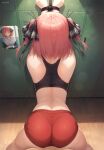  1girl ass back bent_over black_sports_bra bound bound_wrists buruma butterfly_hair_ornament commentary_request from_behind go-toubun_no_hanayome hair_ornament highres kimoshi locker locker_room median_furrow nakano_nino paid_reward_available photo_(object) pink_hair red_buruma rope short_hair solo sports_bra standing steaming_body thighs two_side_up 