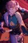  1boy aqua_shirt aventurine_(honkai:_star_rail) black_gloves black_jacket blonde_hair collared_shirt cup djinchnizhnsh1 earrings eyewear_on_head glasses gloves grey_pants hair_between_eyes highres holding holding_cup honkai:_star_rail honkai_(series) jacket jewelry lying male_focus pants pink_eyes pouring pouring_onto_self shirt short_hair smile solo 