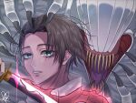  1boy brown_hair cursed_spirit_(jujutsu_kaisen) glint holding holding_sword holding_weapon jujutsu_kaisen katana looking_at_viewer male_focus momo_(aiueoaiueoaoi) monster okkotsu_yuuta open_mouth orimoto_rika short_hair sword weapon 