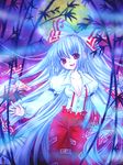  bad_id bad_pixiv_id bamboo bamboo_forest bow breasts cleavage forest fujiwara_no_mokou hair_bow hair_ribbon highres large_breasts long_hair moon nature nekogatsu_kirara pants red_eyes ribbon silver_hair solo suspenders touhou traditional_media very_long_hair 