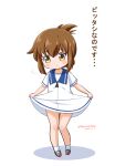  1girl blue_sailor_collar brown_eyes brown_hair commentary_request cosplay dress folded_ponytail hat hiburi_(kancolle) hiburi_(kancolle)_(cosplay) inazuma_(kancolle) kantai_collection long_hair masara_(chuujou) one-hour_drawing_challenge sailor_collar sailor_hat short_sleeves simple_background skirt_hold solo standing translation_request white_background white_dress 