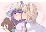  alice_margatroid blonde_hair book capelet cheek_kiss couple crescent face hairband hat kiss lips long_hair multiple_girls ogata_hiro patchouli_knowledge purple_eyes purple_hair short_hair touhou yuri 