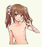  1boy brown_hair choker collarbone commentary_request green_eyes hair_ornament hair_scrunchie idolmaster idolmaster_side-m long_hair looking_at_viewer male_focus mizushima_saki navel nipples nude otoko_no_ko partial_commentary pas_(paxiti) pectorals playing_with_own_hair scrunchie simple_background solo twintails upper_body v white_choker white_scrunchie 