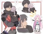  1boy 2girls aqua_eyes artist_name barefoot black_gloves black_hair black_jacket black_pants black_skirt blue_bow bow braid brown_jacket closed_eyes closed_mouth commander_(girls&#039;_frontline) dress english_text envy fingerless_gloves girls&#039;_frontline girls&#039;_frontline_2:_exilium gloves grey_gloves grey_hair hair_bow heart helena_(girls&#039;_frontline_2) highres hug jacket long_hair looking_at_another m200_(girls&#039;_frontline) multicolored_jacket multiple_girls multiple_views open_mouth pants partially_fingerless_gloves pink_hair pleated_skirt purple_eyes purple_socks red_jacket short_hair simple_background skirt smart_oval socks speech_bubble spoken_expression spoken_heart star_(symbol) sweatdrop twin_braids twitter_username two-tone_jacket white_background white_dress wing-shaped_hair 