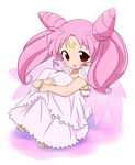  arm_hug bad_id bad_pixiv_id barefoot bishoujo_senshi_sailor_moon chibi_usa crescent dress facial_mark forehead_mark long_hair meiro_(yuu) pink_hair red_eyes small_lady_serenity solo twintails wings 