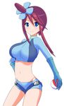  blue_eyes breasts crop_top fuuro_(pokemon) gloves gym_leader hair_ornament holding holding_poke_ball impossible_clothes impossible_shirt large_breasts midriff min0313 navel poke_ball pokemon pokemon_(game) pokemon_bw red_hair shadow shirt short_shorts shorts solo 