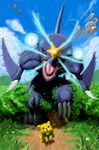  claws cloud cosmo_(465lilia) day fangs fearow garchomp gen_1_pokemon gen_4_pokemon geodude grass highres motion_blur no_humans pikachu pokemon pokemon_(creature) running sky star 