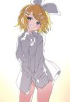  1girl absurdres bare_legs blonde_hair blue_eyes bow cowboy_shot hair_ornament hairclip highres hutaba_haru kagamine_rin light_blush looking_at_viewer shirt short_hair simple_background smile solo vocaloid white_bow white_shirt 