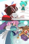  :3 :d blush_stickers chibi cirno fan folding_fan hakurei_reimu hands_on_hips ibuki_suika ice multiple_girls o_o ofuda oka_(bananashoe) open_mouth saigyouji_yuyuko smile touhou trembling v-shaped_eyebrows 