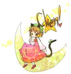  :3 animal_ears brown_eyes brown_hair cat_ears cat_tail character_name chen earrings jewelry moon oekaki raina ribbon short_hair sitting solo star tail tail_ribbon touhou 