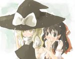  bad_id bad_pixiv_id blonde_hair blush brown_eyes brown_hair covering_mouth detached_sleeves hakurei_reimu hand_over_own_mouth hat holding_hands kirisame_marisa long_hair maromi_(am97) multiple_girls rain shared_hat touhou witch_hat yellow_eyes 