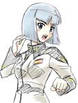  bangs belt blunt_bangs breasts buckle clenched_hand collar emblem genderswap genderswap_(mtf) grey_eyes gundam gundam_seed gundam_seed_destiny long_sleeves looking_at_viewer looking_back masakichi_(crossroad) military military_uniform silver_hair small_breasts solo uniform upper_body yzak_joule 